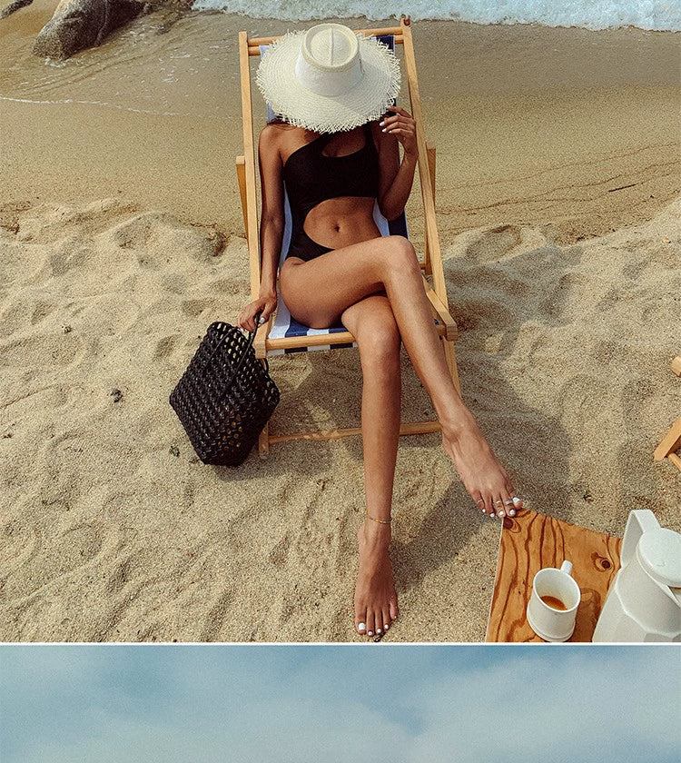 South Korea Internet Celebrity Small Chest Triangle One-Piece Bikini Sexy Slimming Black and White One-Shoulder