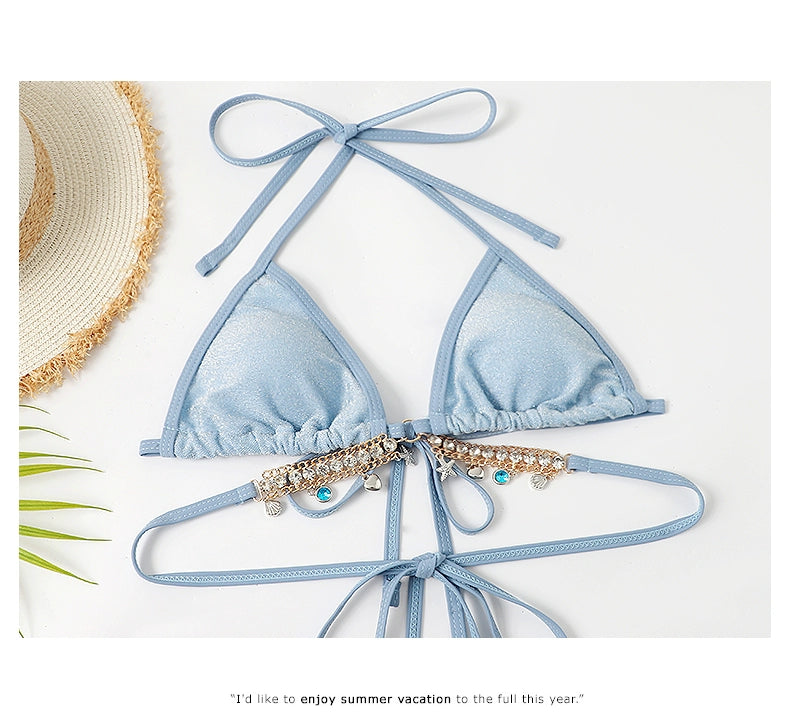 Swimsuit Women's Chain Fashion Pure Desire Wind Strap Triangle Bikini Three-Point Ins Sexy Vacation Swimsuit