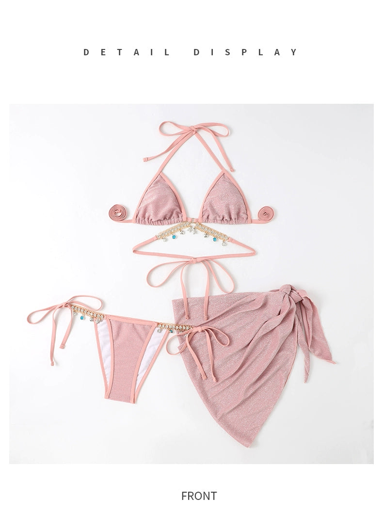 Swimsuit Women's Chain Fashion Pure Desire Wind Strap Triangle Bikini Three-Point Ins Sexy Vacation Swimsuit