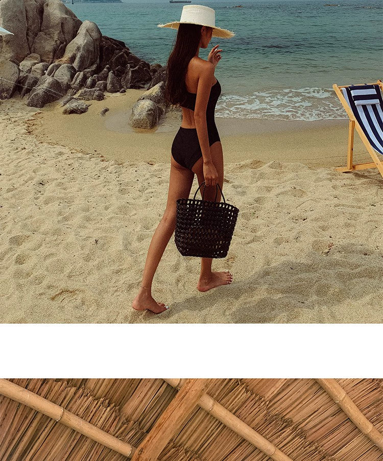 South Korea Internet Celebrity Small Chest Triangle One-Piece Bikini Sexy Slimming Black and White One-Shoulder