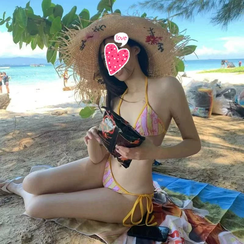 Swimsuit Female 2024 New Arrival Girl Bikini Shoelace Small Chest Sweet Cute Beach Holiday Hot Spring Swimming Suit