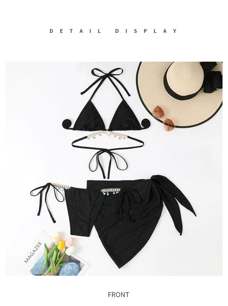 Swimsuit Women's Chain Fashion Pure Desire Wind Strap Triangle Bikini Three-Point Ins Sexy Vacation Swimsuit
