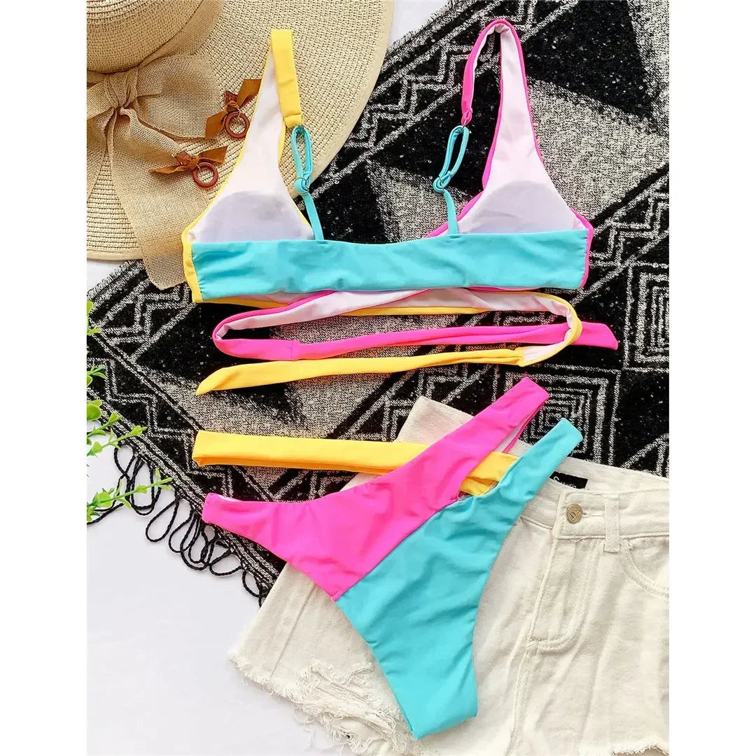 S -XL Splicing Retro Bikini Female Swimsuit Asymmetric Mid Waist