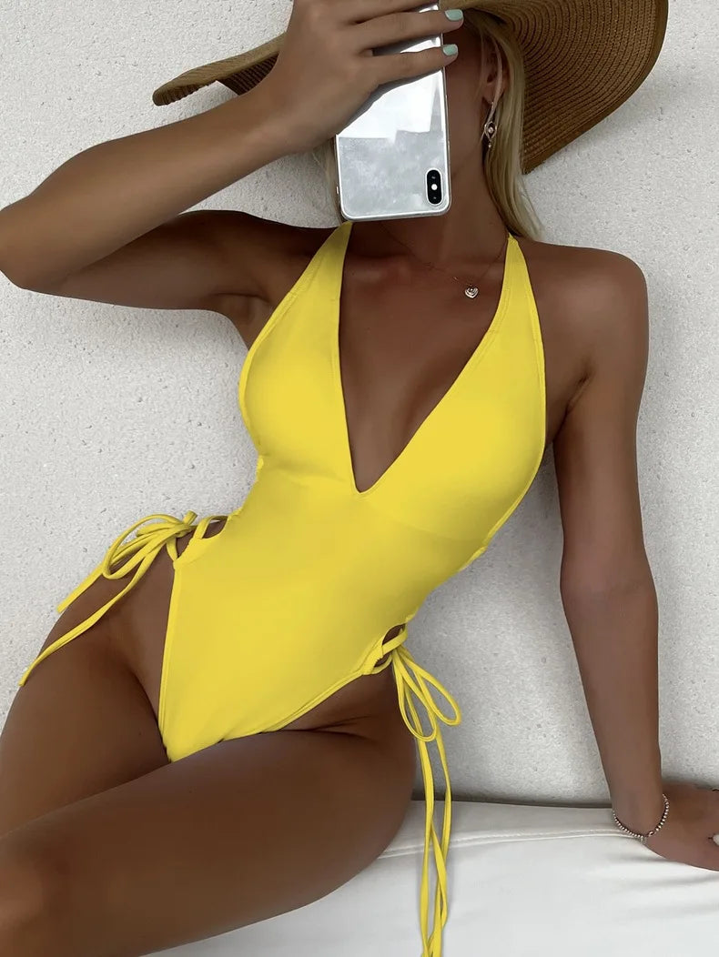Solid Lace Up Swimsuit Woman Sexy Swimsuit Swimwear For Women Push Up Beachwear Female Bodysuit