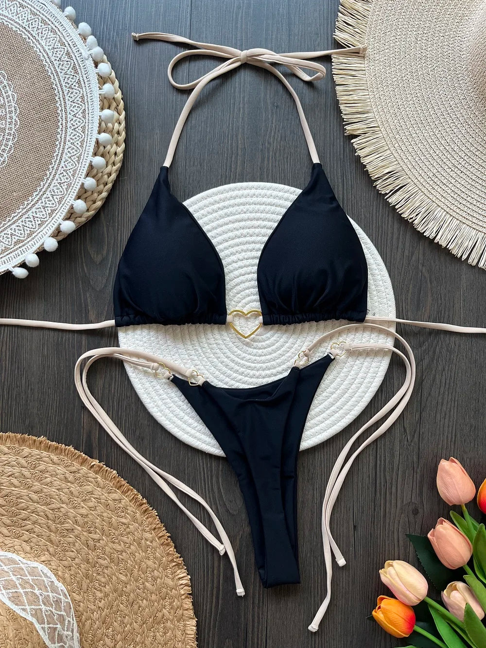 Sexy Halter Solid color Bikini Set Triangle Thong Brazilian