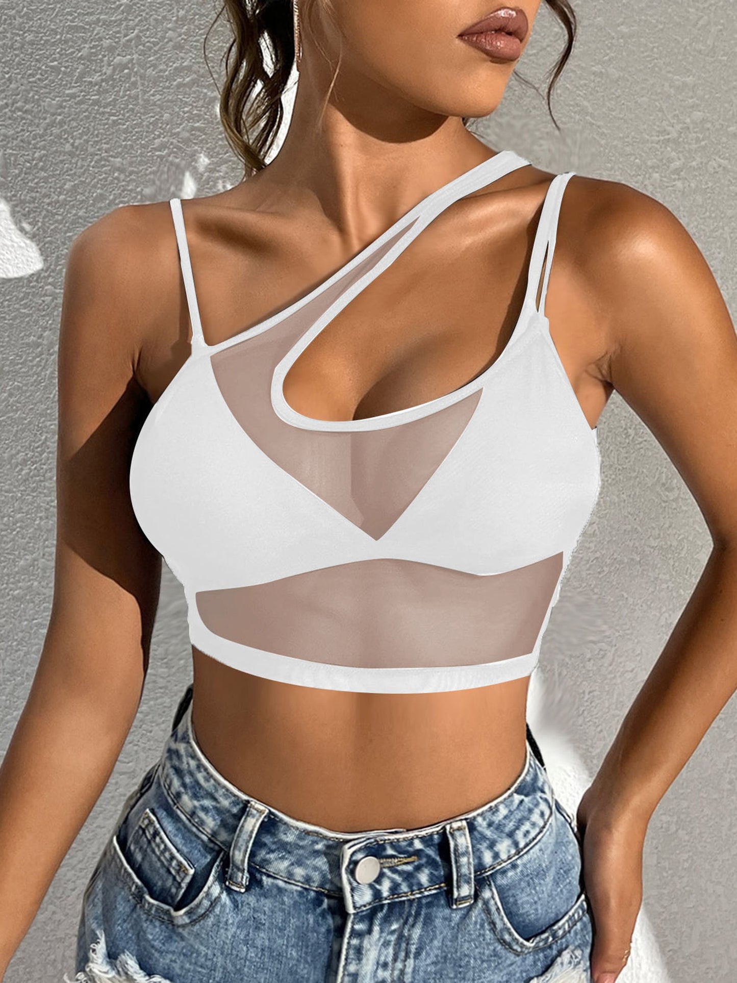 Womens Sexy See Through Mesh Crop Top One Shoulder Double Straps Solid Cover Up Top Tank Top for Club Swimwear Street Look