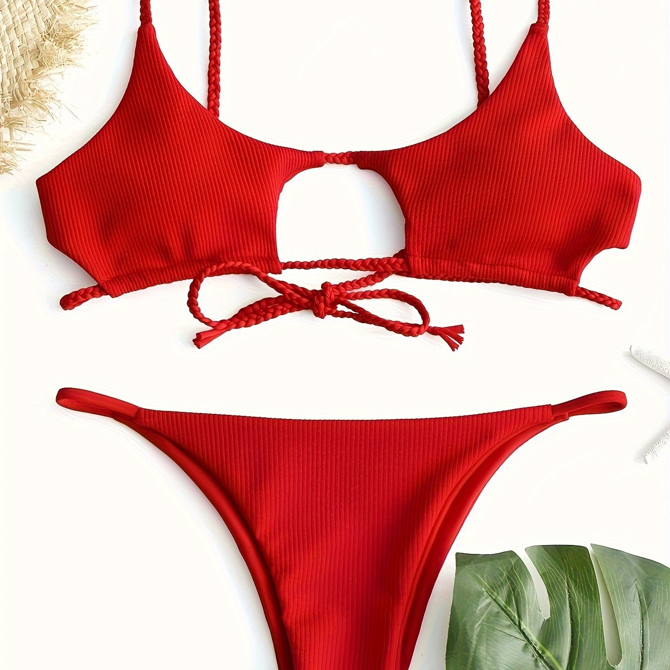 Sexy 2-Piece Solid Color Bikini High Cut, Spaghetti Straps, High-Quality Fabric, Comfortable, Beachwear Essentials for Summer Vacation