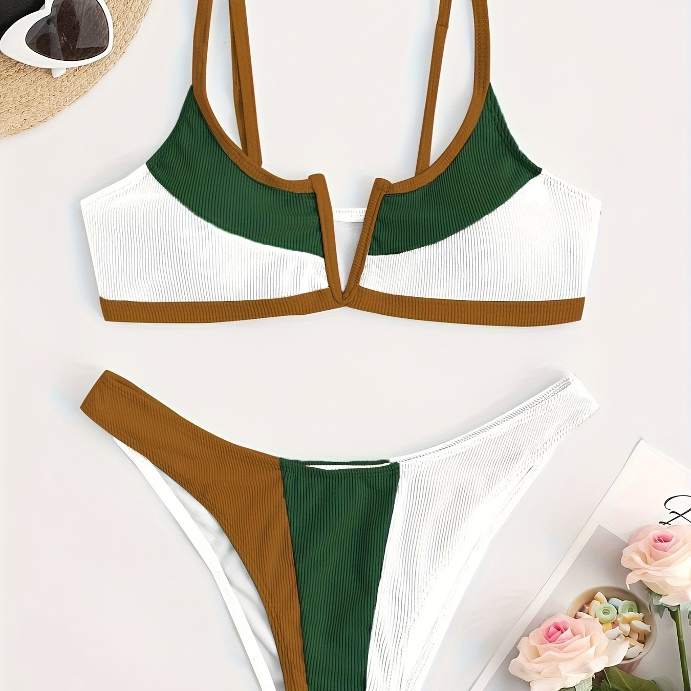 ZAFUL Contrast Color Rib-Knit 2 Piece Set Bikini, V Neck High Cut Sexy Swimsuits, Women's Swimwear & Clothing