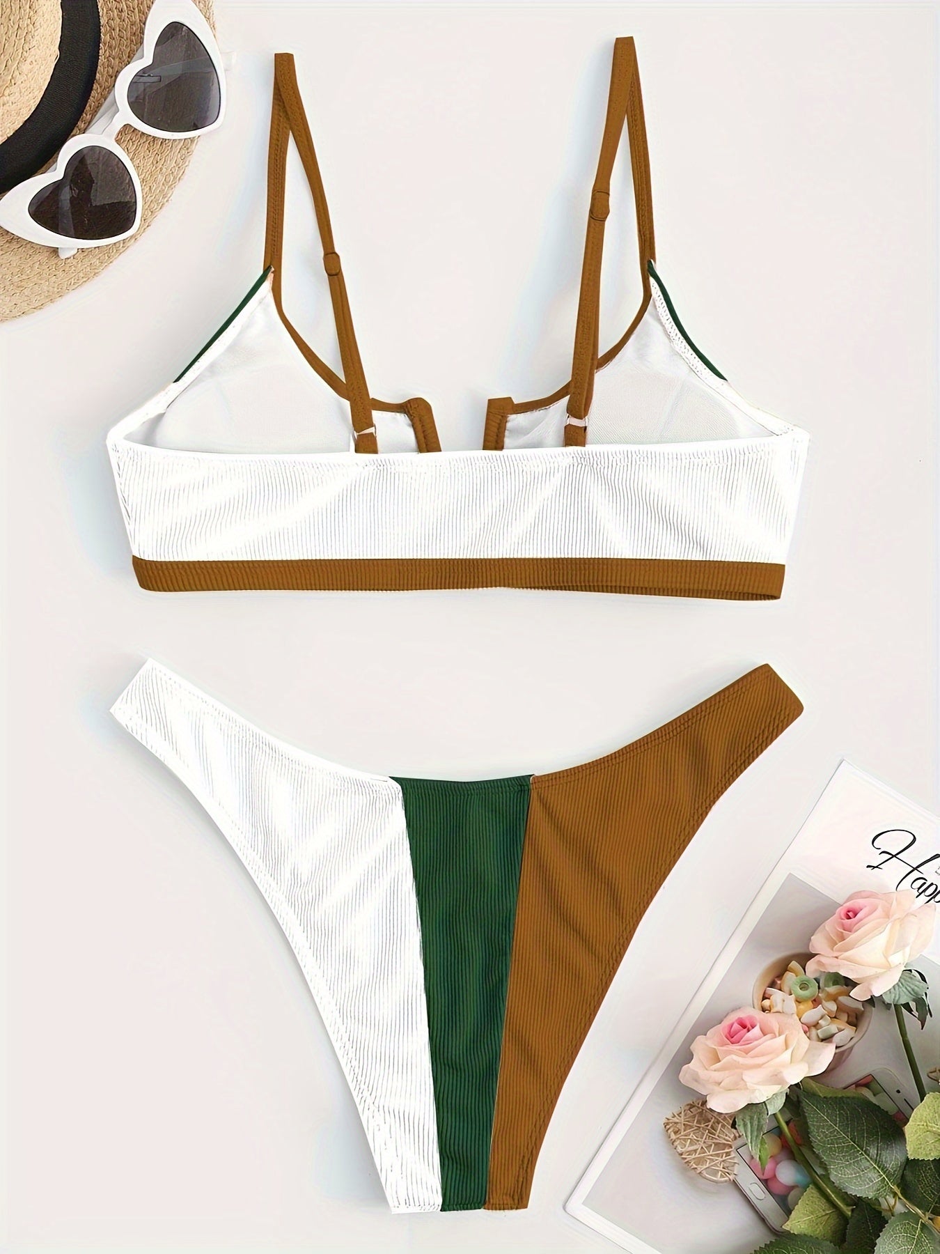 ZAFUL Contrast Color Rib-Knit 2 Piece Set Bikini, V Neck High Cut Sexy Swimsuits, Women's Swimwear & Clothing