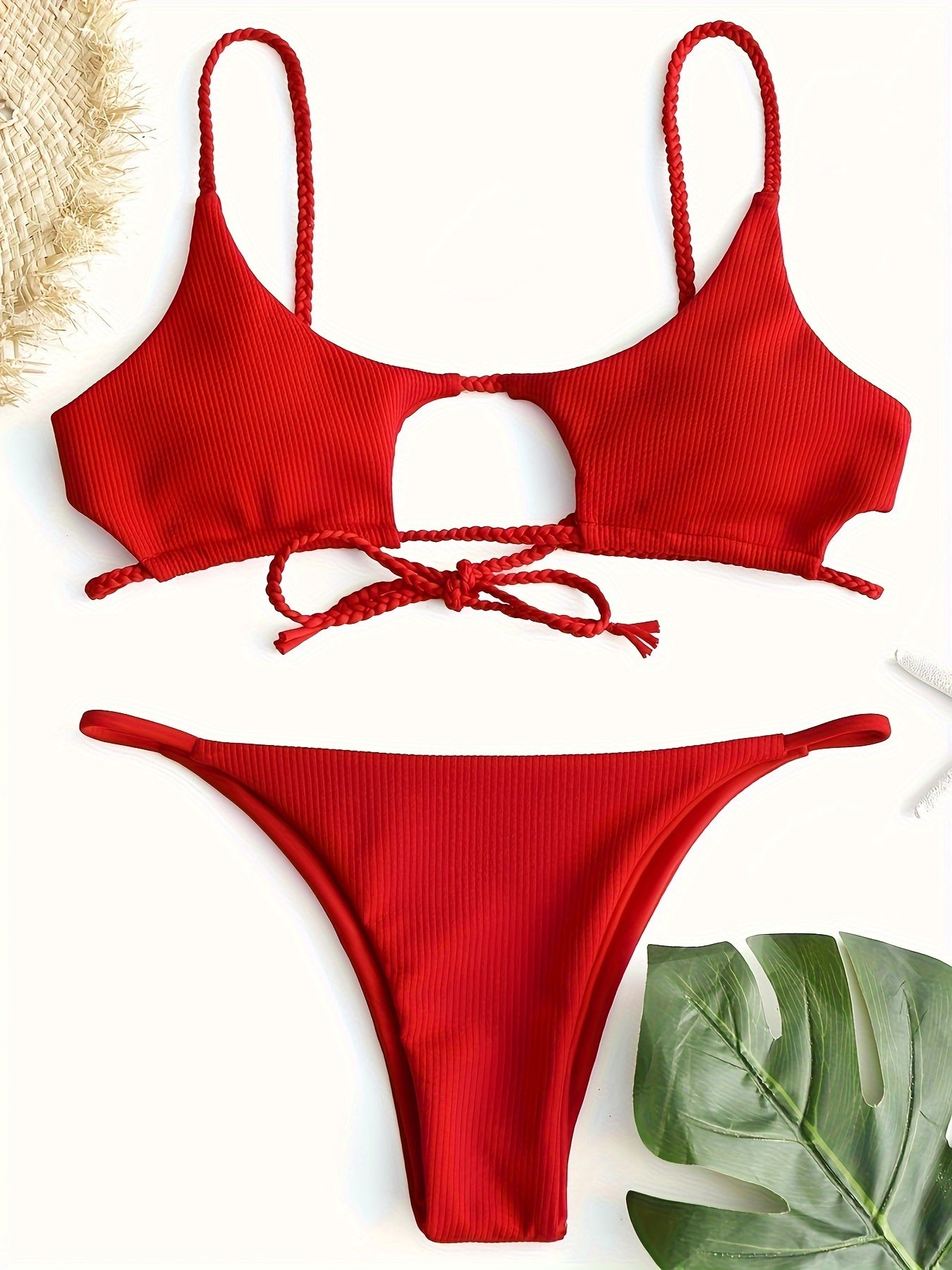 Sexy 2-Piece Solid Color Bikini High Cut, Spaghetti Straps, High-Quality Fabric, Comfortable, Beachwear Essentials for Summer Vacation