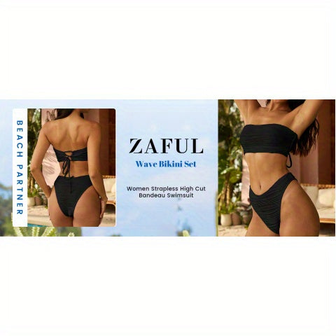 ZAFUL Women Strapless Wave Bandeau Bikini 2pcs Swimwear Cheeky Solid Lace up Bathing Suits