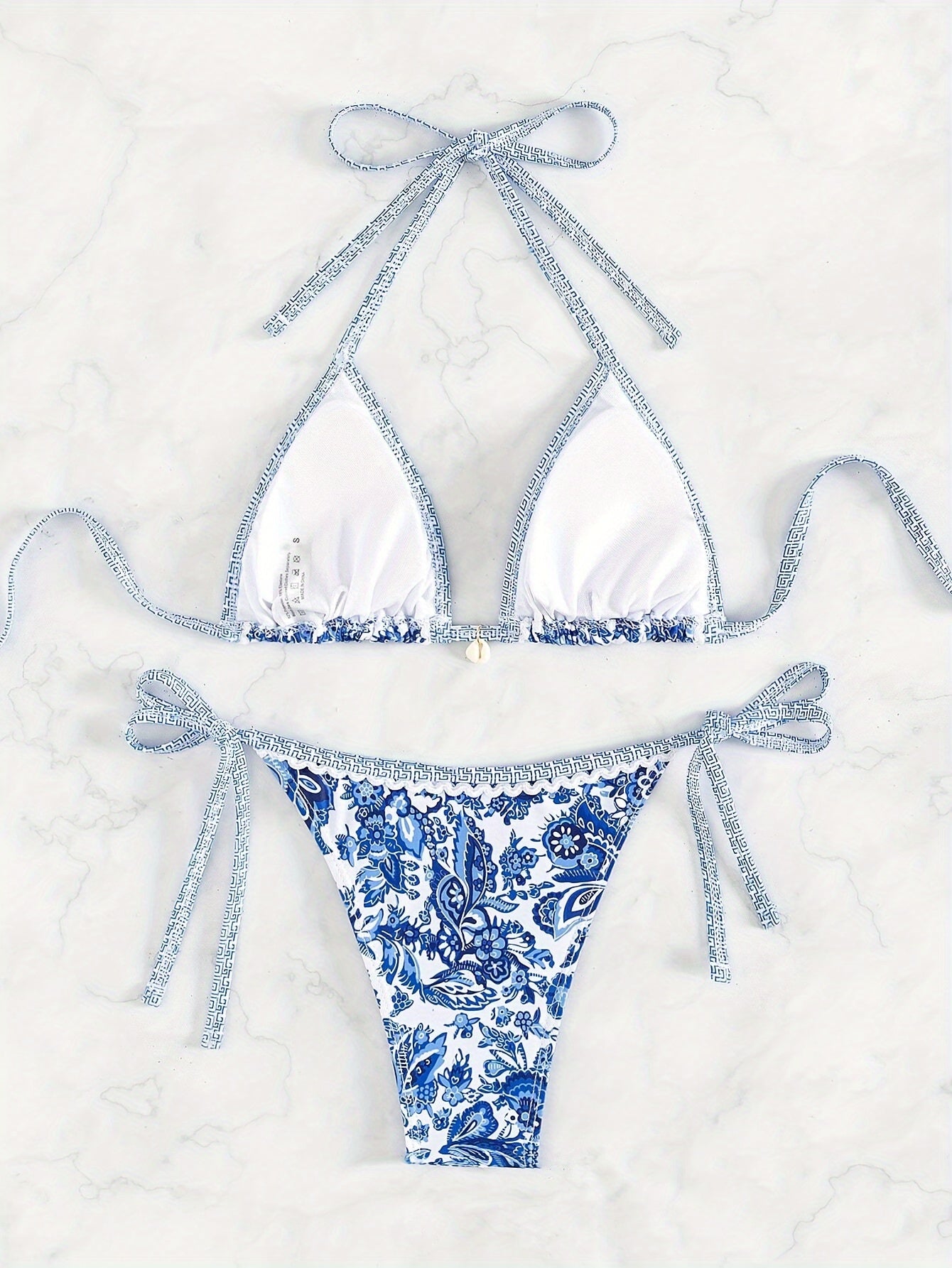 European And American New Split Print Chinese Style Sexy Handmade Shell Tether Bikini Seaside Vacation