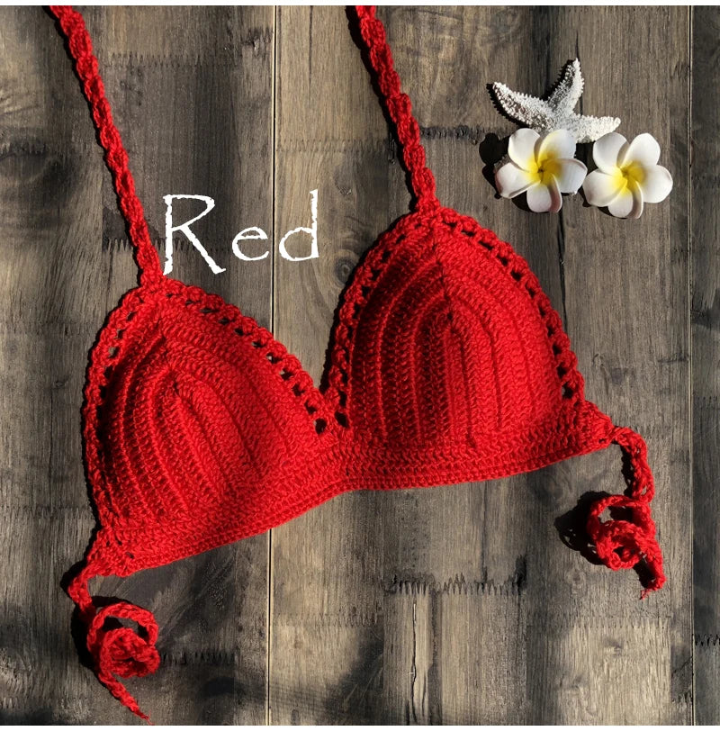 Solid Bikinis Swimsuit Crochet Red Bikini Top Knit