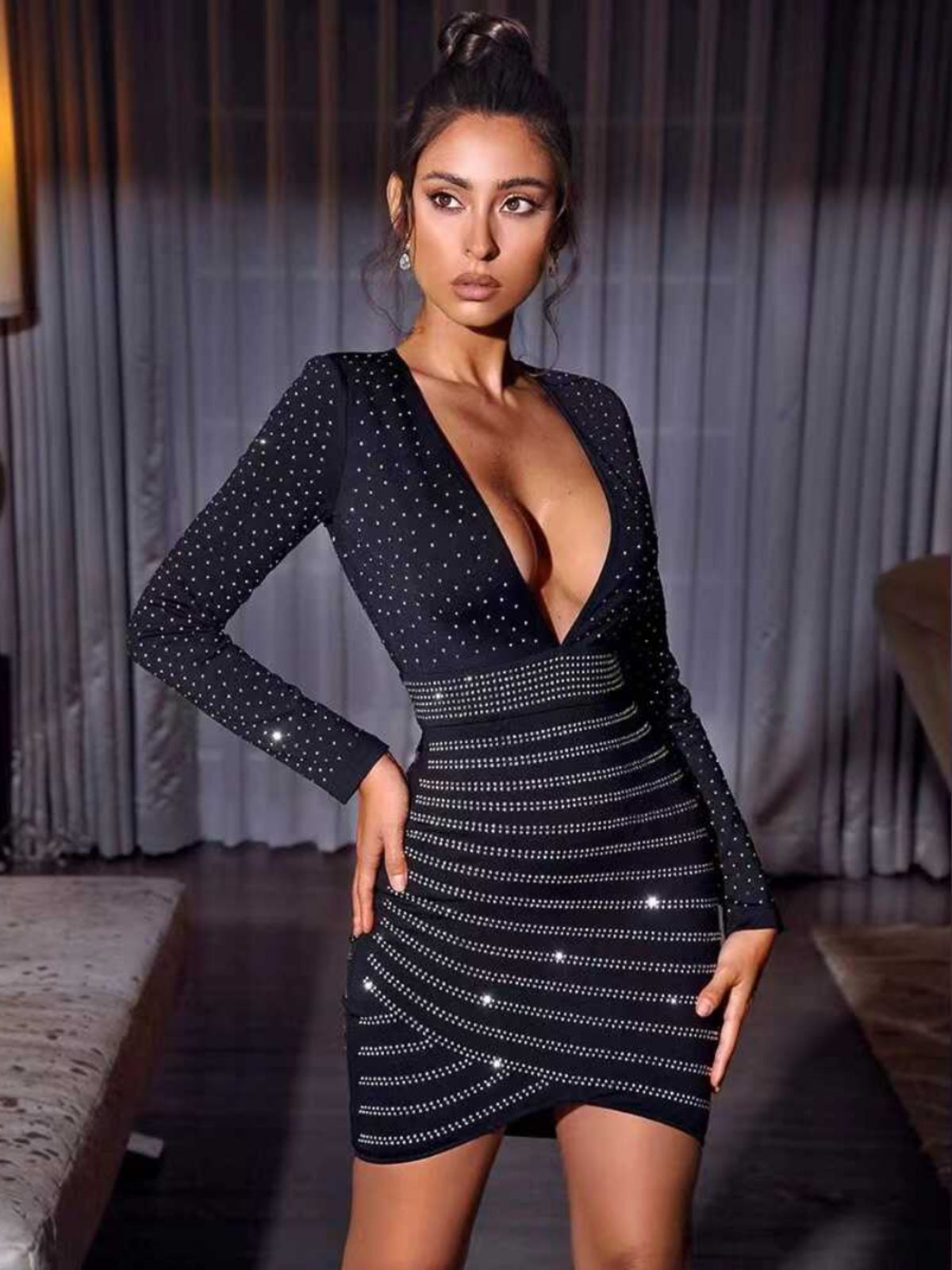 Beaukey European and American Sexy Nightclub Deep V Neck Mesh See-through Silm Slim Looking Hot Drilling Long Sleeve Narrow Dress