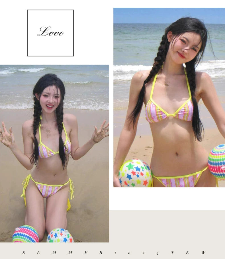 Swimsuit Female 2024 New Arrival Girl Bikini Shoelace Small Chest Sweet Cute Beach Holiday Hot Spring Swimming Suit