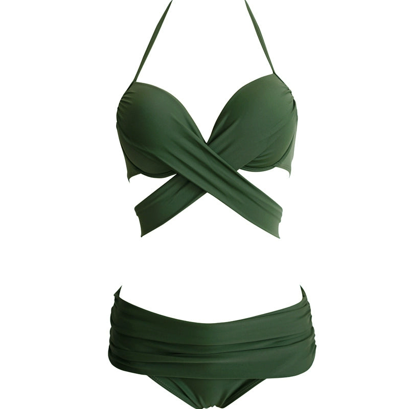 Swimsuit for Women Ins Sexy Lace-up Army Green Bikini High Waist Covering Belly Thin Steel Bracket Small Chest Push up