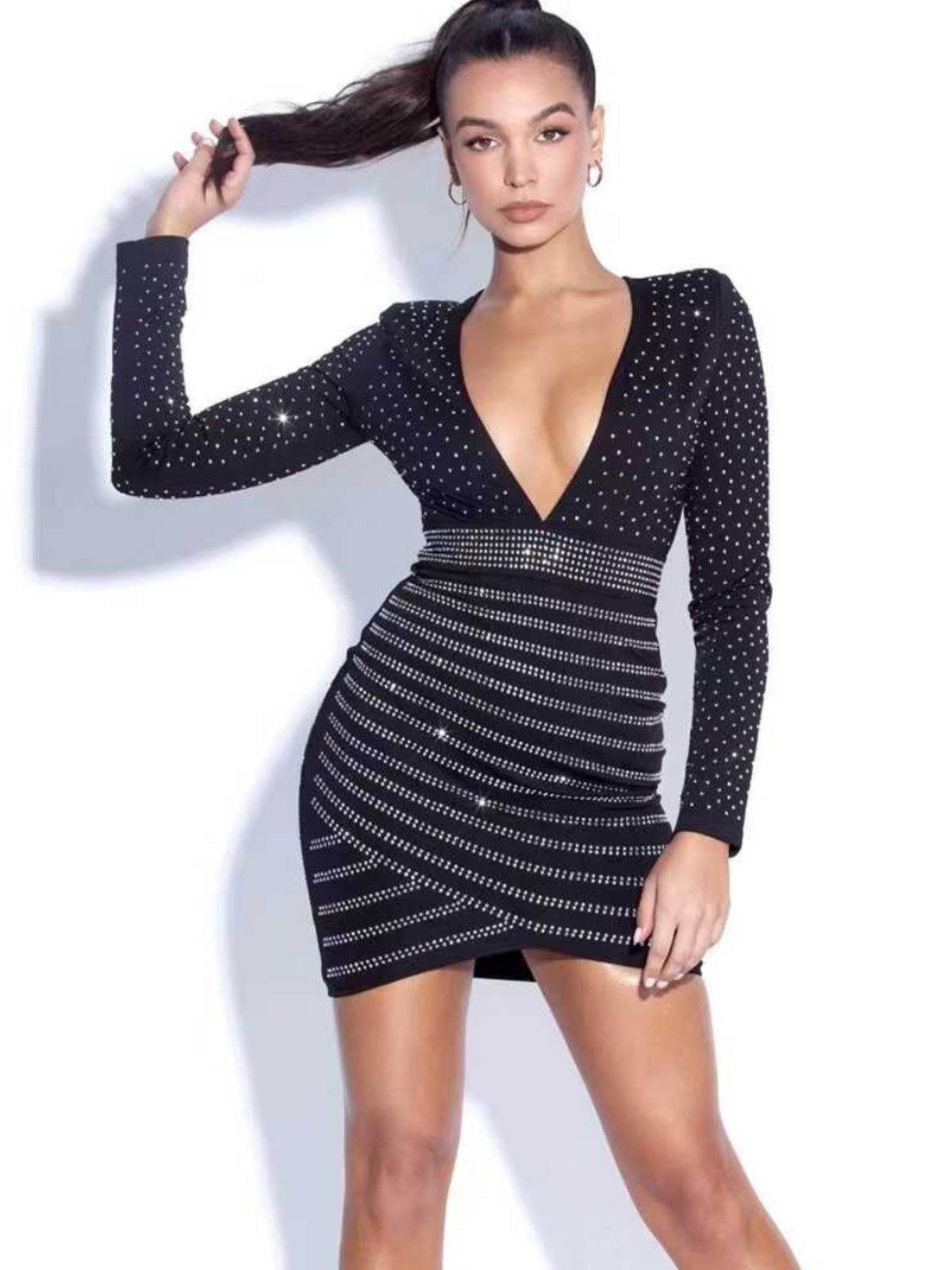 Beaukey European and American Sexy Nightclub Deep V Neck Mesh See-through Silm Slim Looking Hot Drilling Long Sleeve Narrow Dress