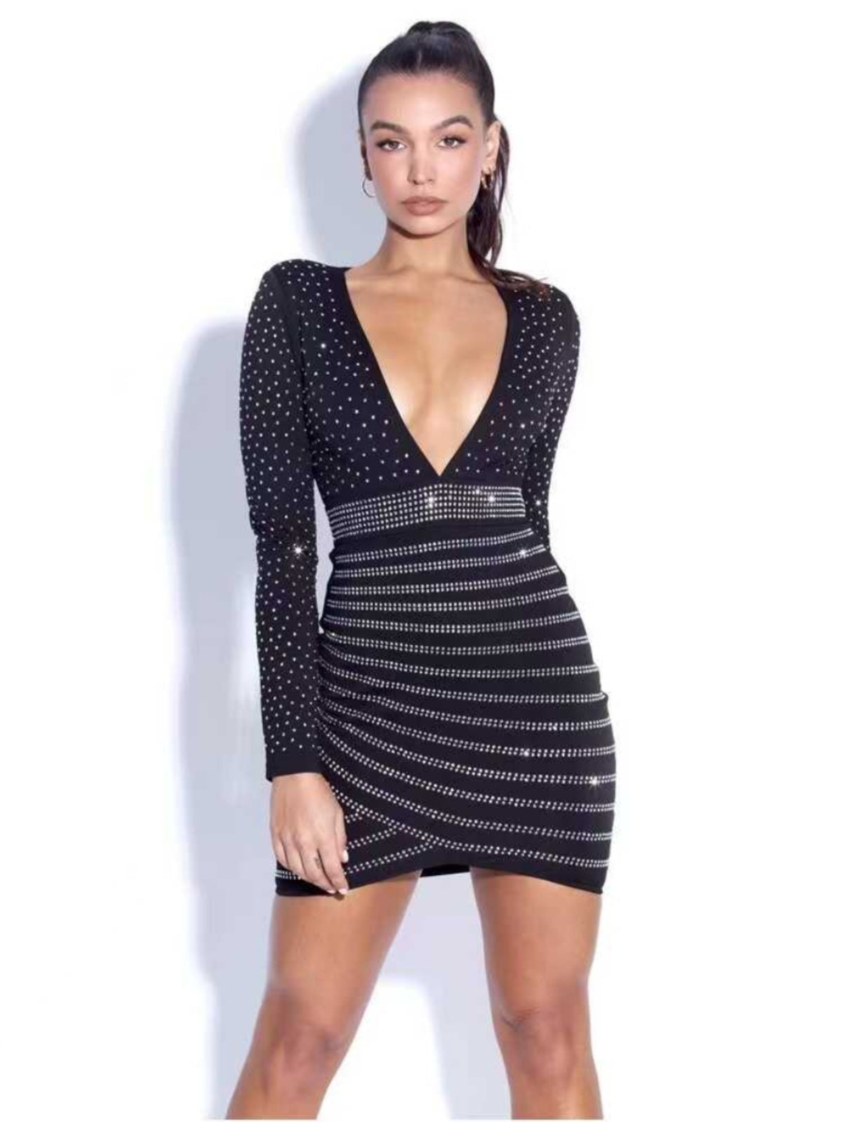 Beaukey European and American Sexy Nightclub Deep V Neck Mesh See-through Silm Slim Looking Hot Drilling Long Sleeve Narrow Dress