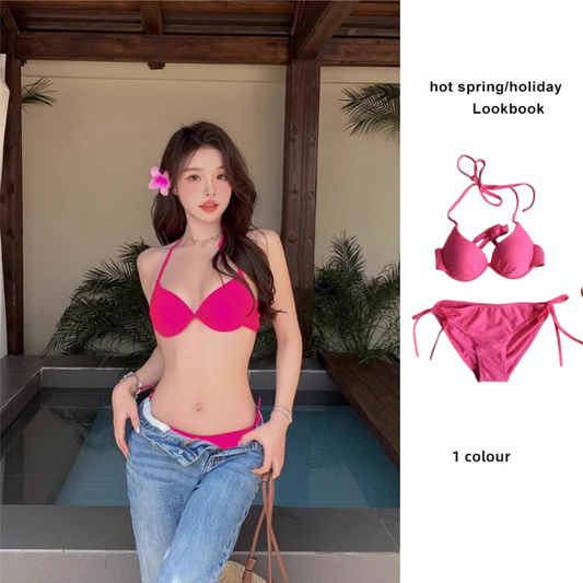 Rose Red Separates Vacation Style Seaside Girl Bikini