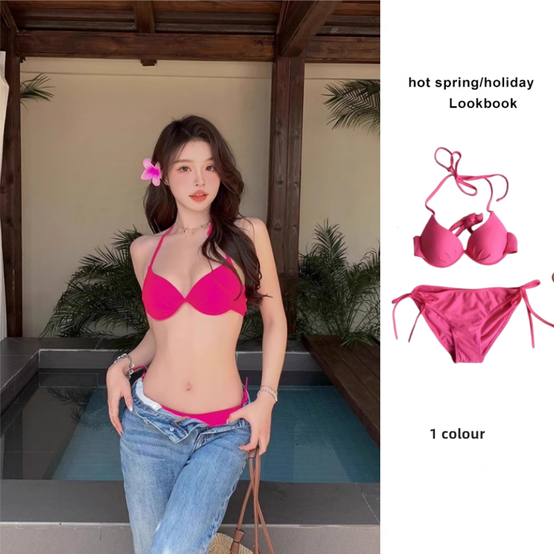 Rose Red Separates Vacation Style Seaside Girl Bikini