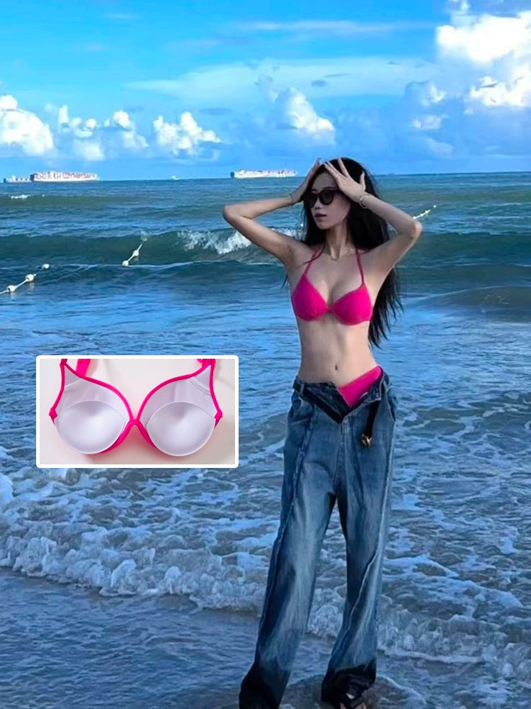 Fashion Wind Pink Big and Small Chest Gathered Hot Spring Bathing Suit