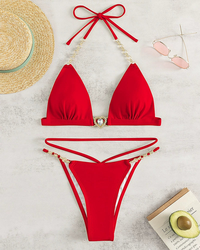 Lace-up Halterneck Separates Swimsuit Fashion Sexy Cutout Pure Color Bikini