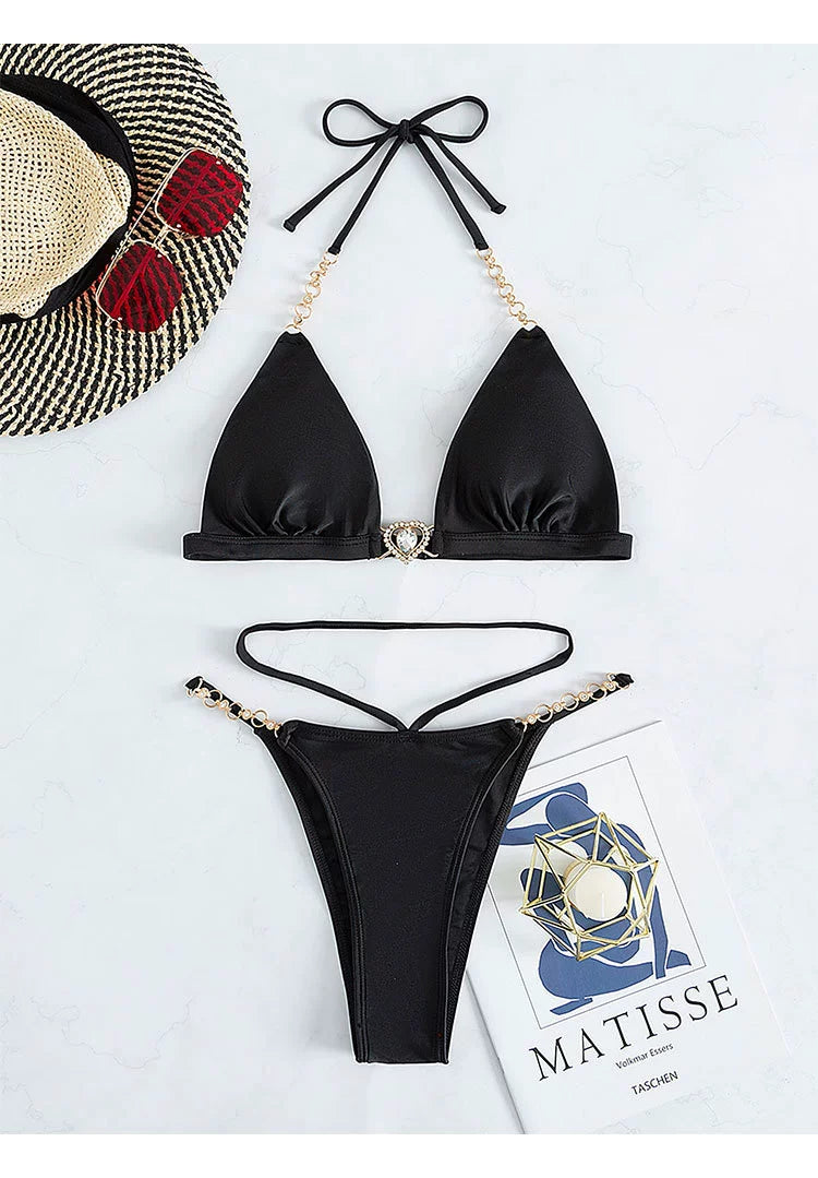 Lace-up Halterneck Separates Swimsuit Fashion Sexy Cutout Pure Color Bikini