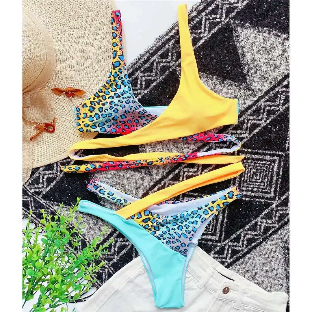 S -XL Splicing Retro Bikini Female Swimsuit Asymmetric Mid Waist