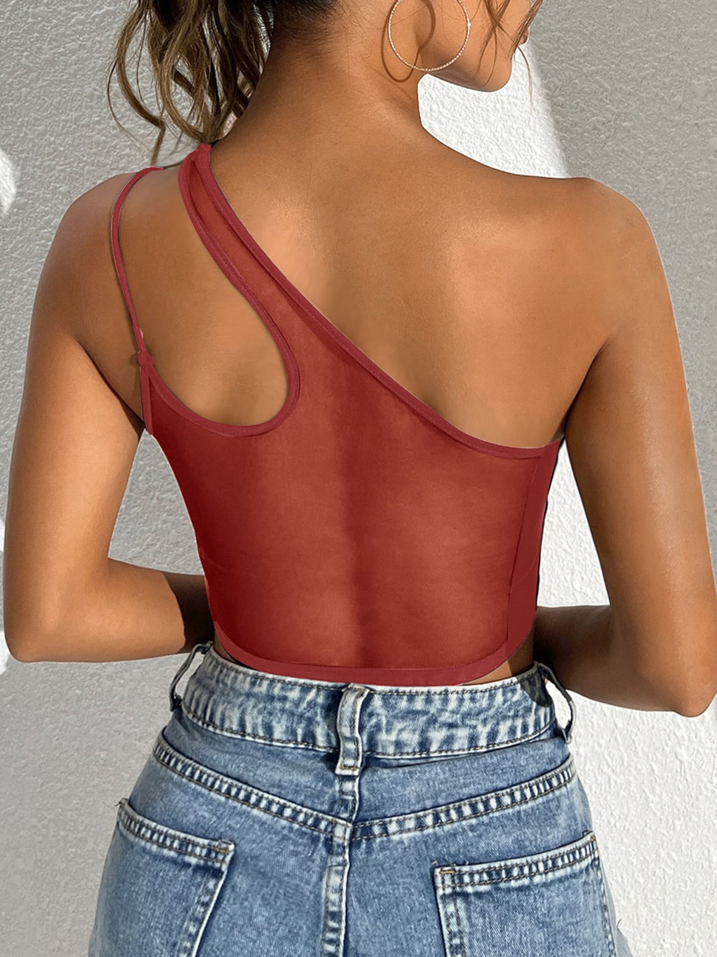 Womens Sexy See Through Mesh Crop Top One Shoulder Double Straps Solid Cover Up Top Tank Top for Club Swimwear Street Look