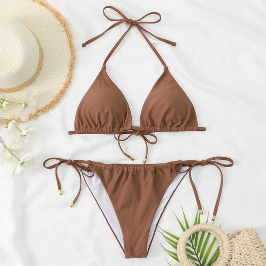 New Brown Bikini, Belt Chest Pad No Steel Support Fashion Set Sexy Tie Split Backless