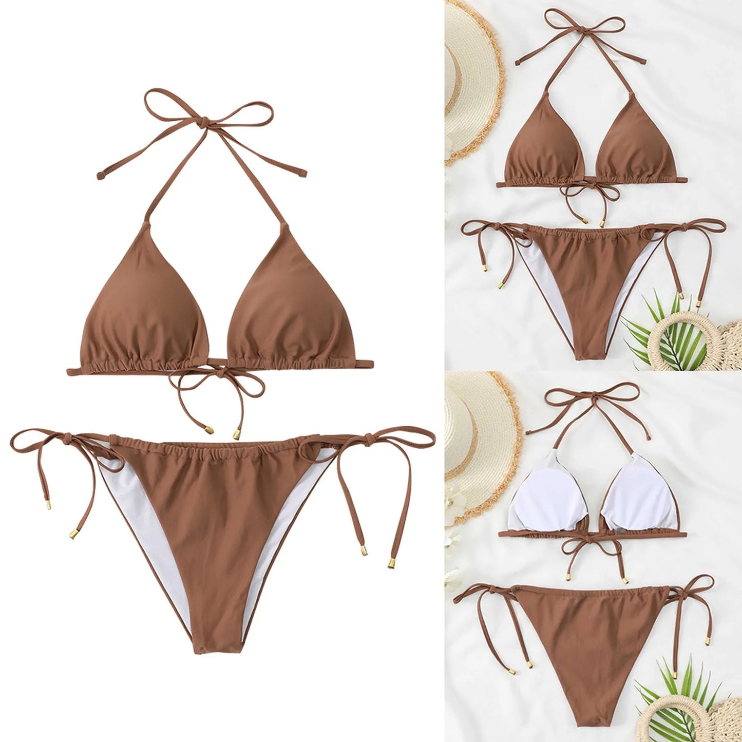 New Brown Bikini, Belt Chest Pad No Steel Support Fashion Set Sexy Tie Split Backless