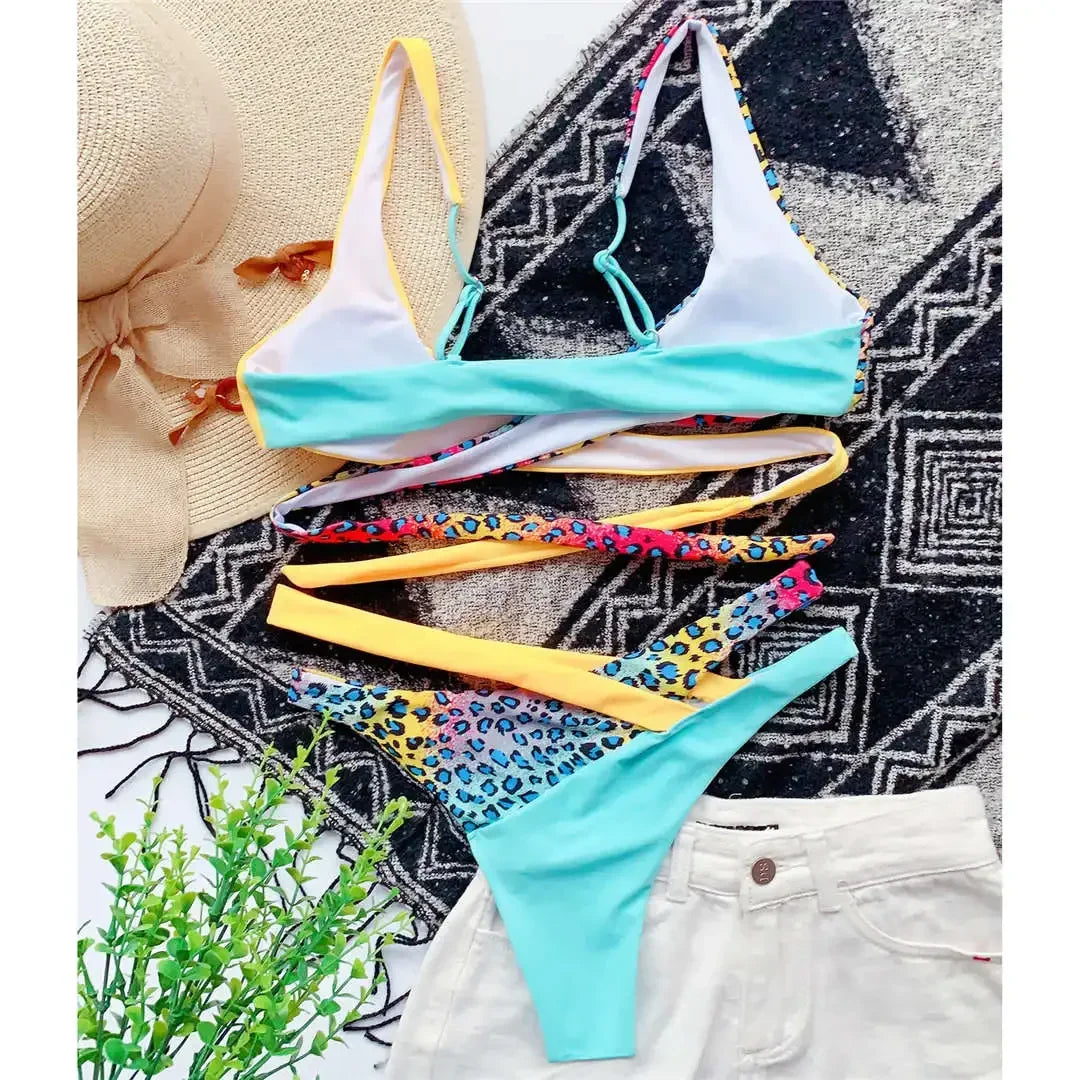 S -XL Splicing Retro Bikini Female Swimsuit Asymmetric Mid Waist