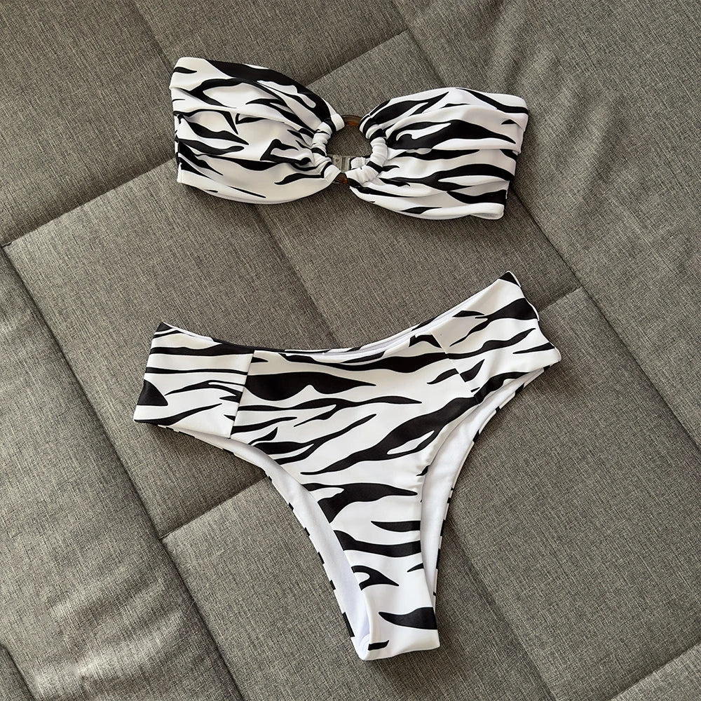 Abstract, Zebra Print High Waist Bikini Set Push Up Bathing Suit Girls