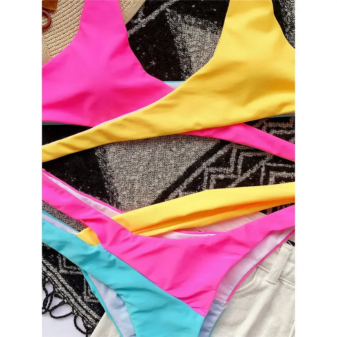 S -XL Splicing Retro Bikini Female Swimsuit Asymmetric Mid Waist