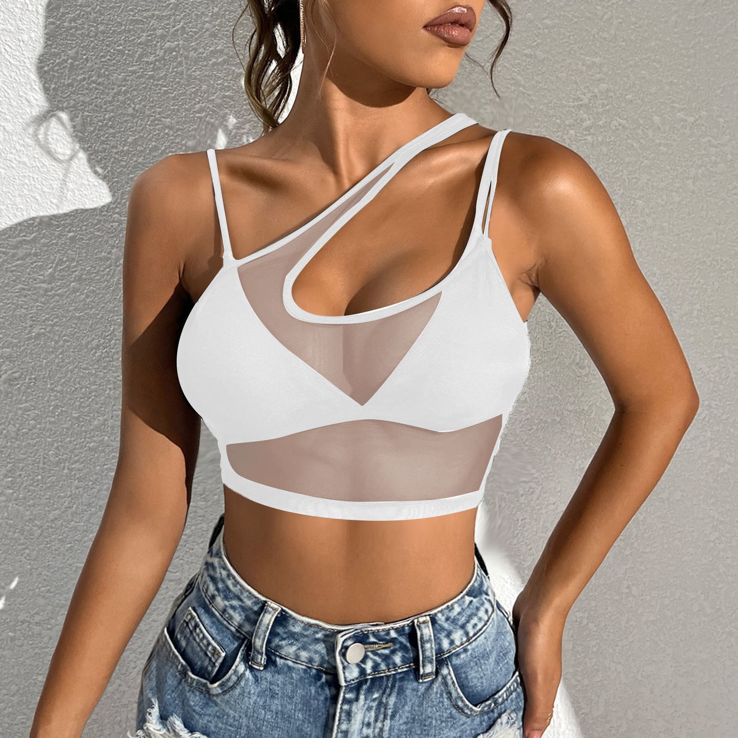 Womens Sexy See Through Mesh Crop Top One Shoulder Double Straps Solid Cover Up Top Tank Top for Club Swimwear Street Look