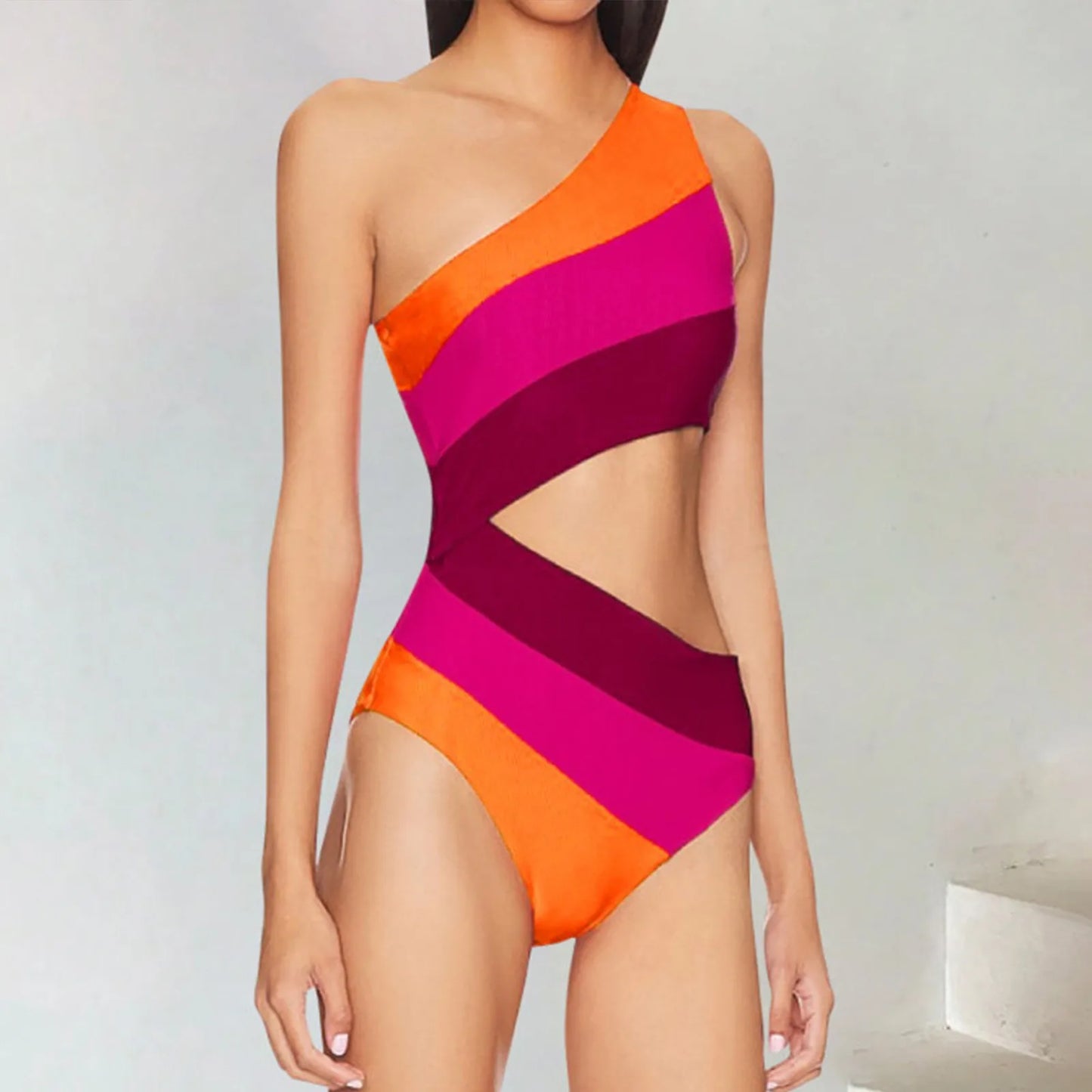 Cutout Color Block Swimwear One Shoulder New Beach Strappy Bikini