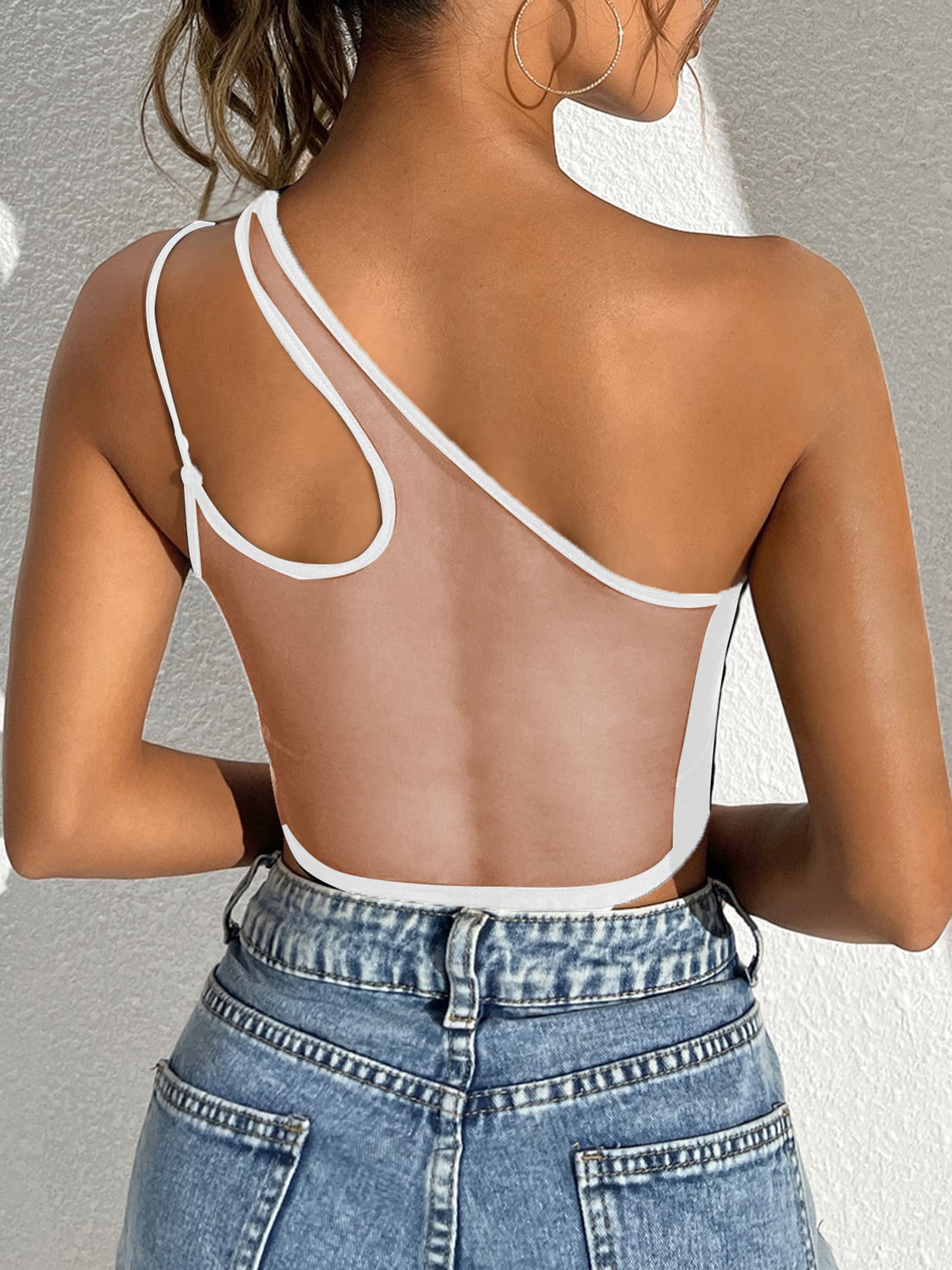 Womens Sexy See Through Mesh Crop Top One Shoulder Double Straps Solid Cover Up Top Tank Top for Club Swimwear Street Look