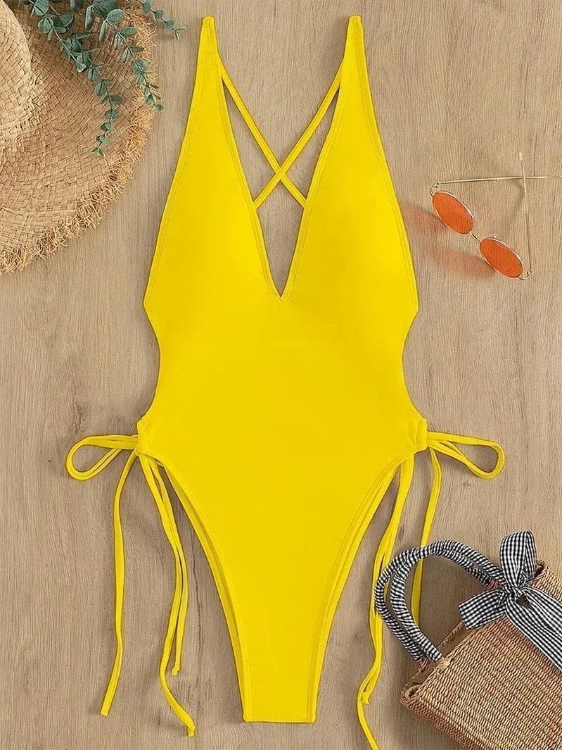 Solid Lace Up Swimsuit Woman Sexy Swimsuit Swimwear For Women Push Up Beachwear Female Bodysuit