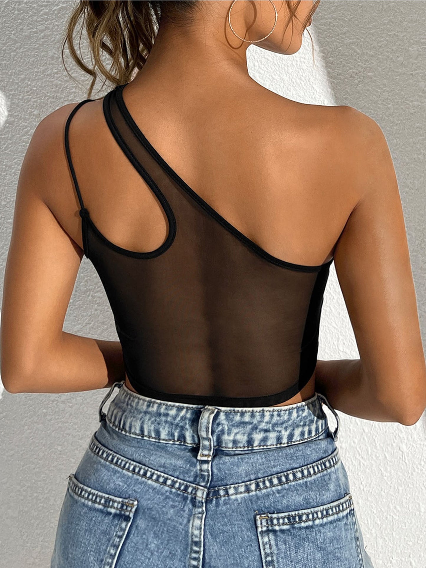 Womens Sexy See Through Mesh Crop Top One Shoulder Double Straps Solid Cover Up Top Tank Top for Club Swimwear Street Look