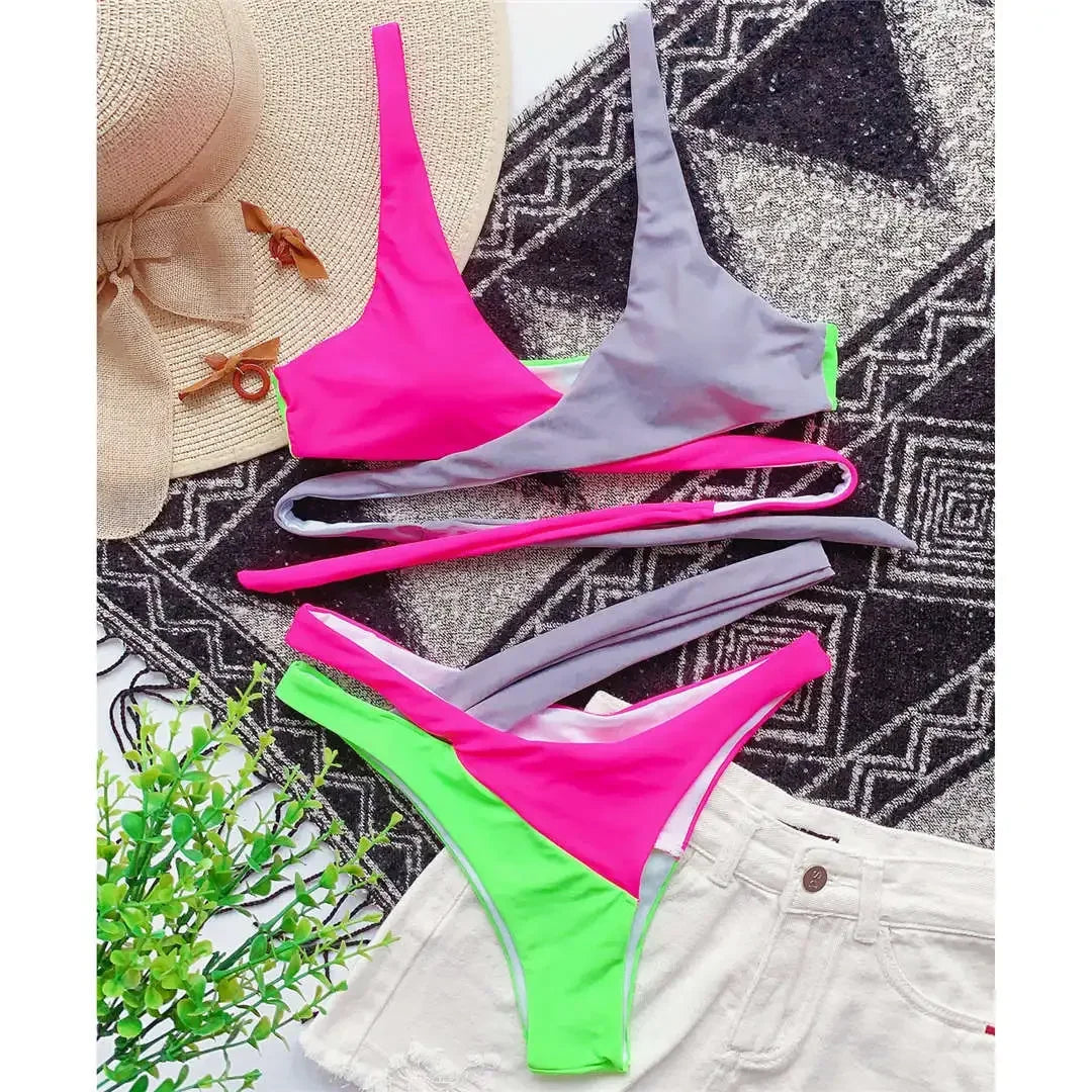 S -XL Splicing Retro Bikini Female Swimsuit Asymmetric Mid Waist