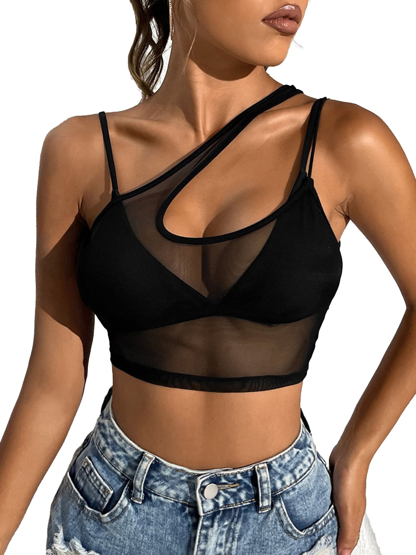 Womens Sexy See Through Mesh Crop Top One Shoulder Double Straps Solid Cover Up Top Tank Top for Club Swimwear Street Look