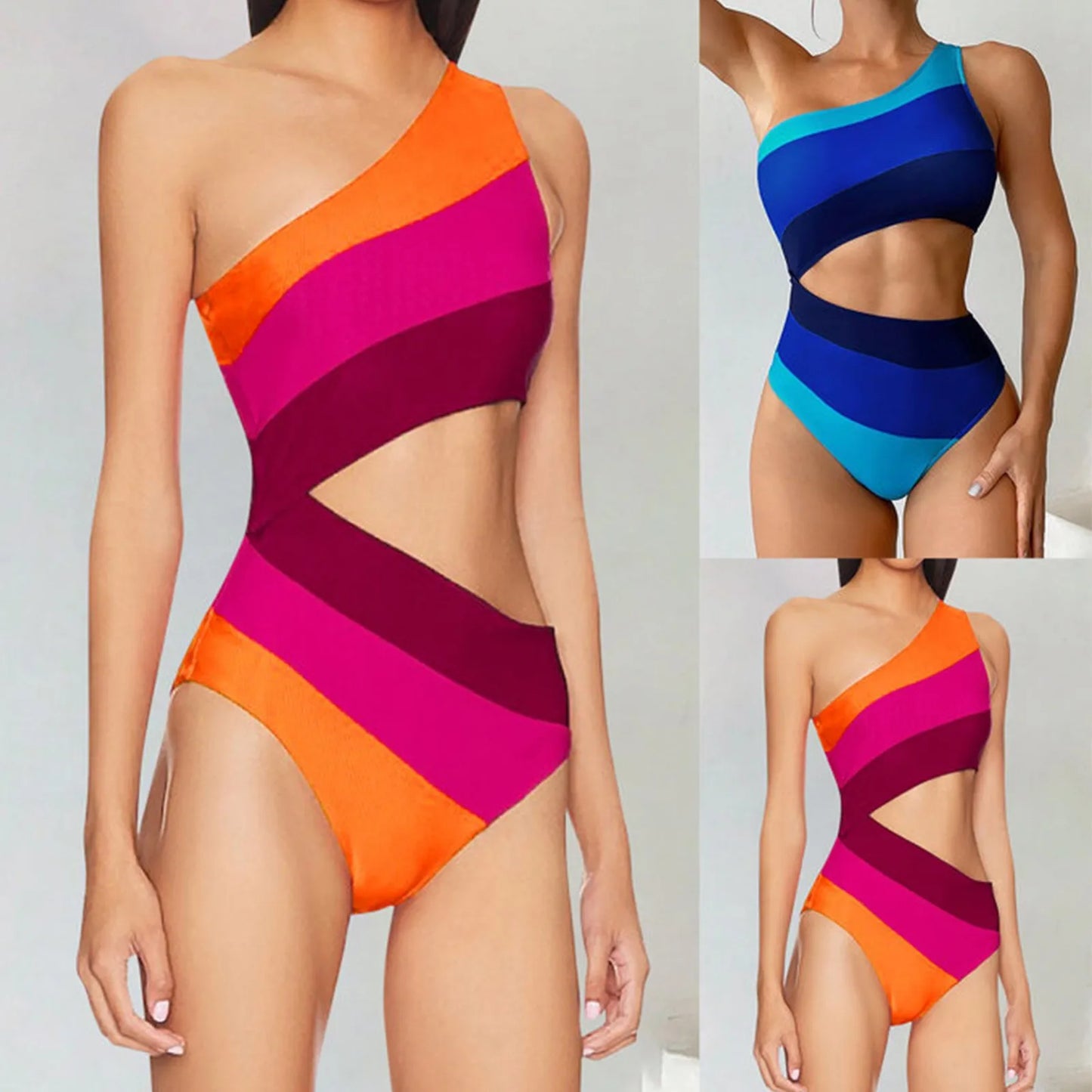 Cutout Color Block Swimwear One Shoulder New Beach Strappy Bikini