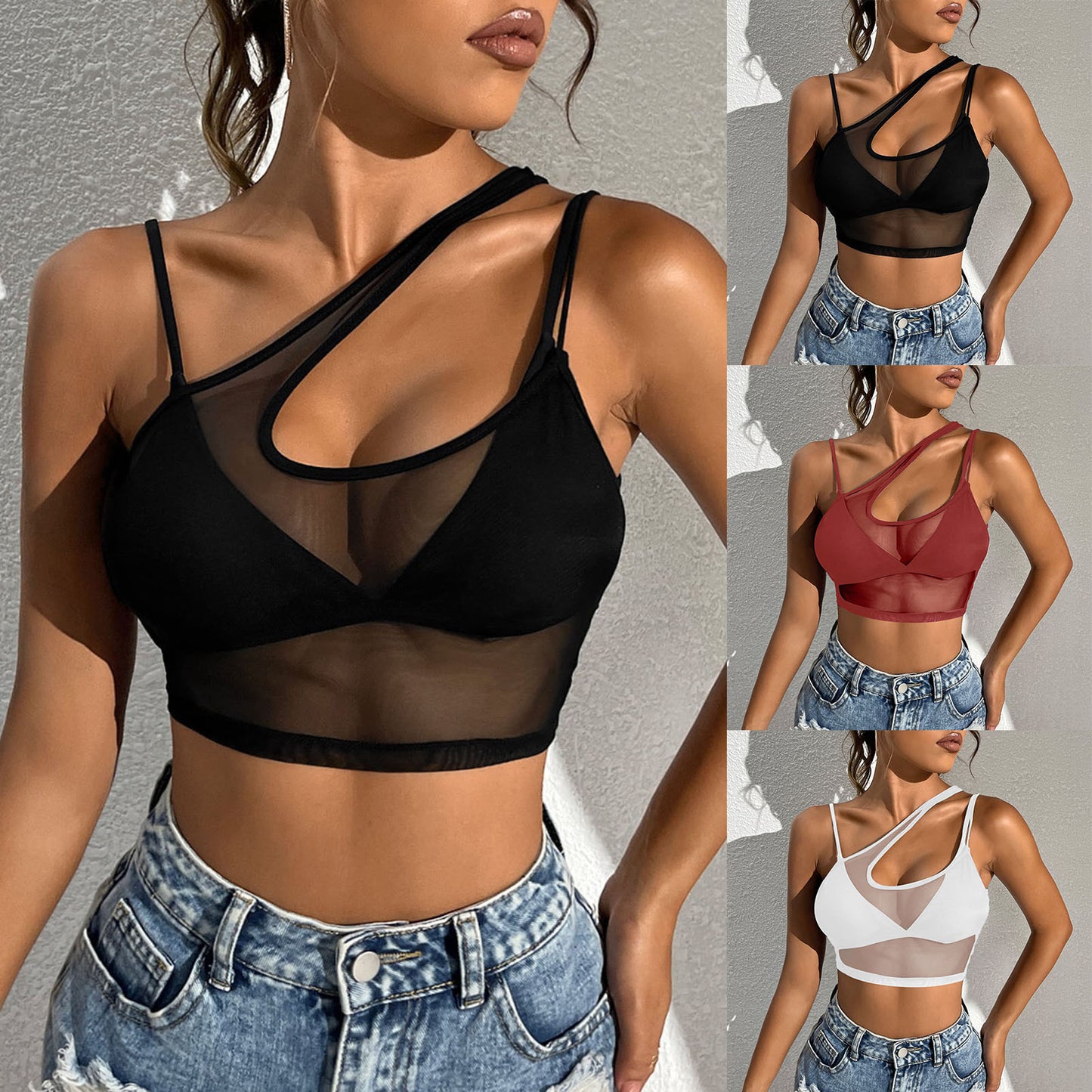 Womens Sexy See Through Mesh Crop Top One Shoulder Double Straps Solid Cover Up Top Tank Top for Club Swimwear Street Look