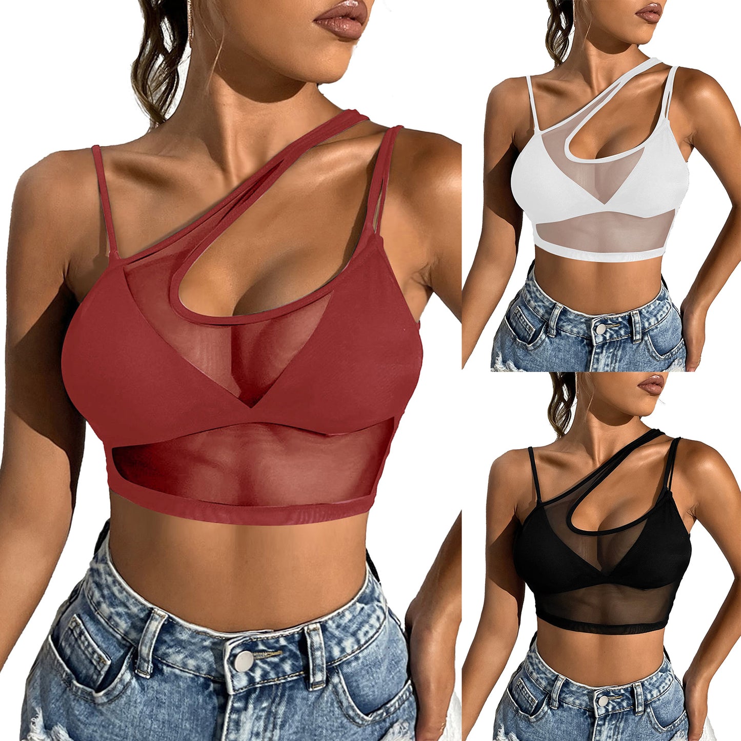 Womens Sexy See Through Mesh Crop Top One Shoulder Double Straps Solid Cover Up Top Tank Top for Club Swimwear Street Look