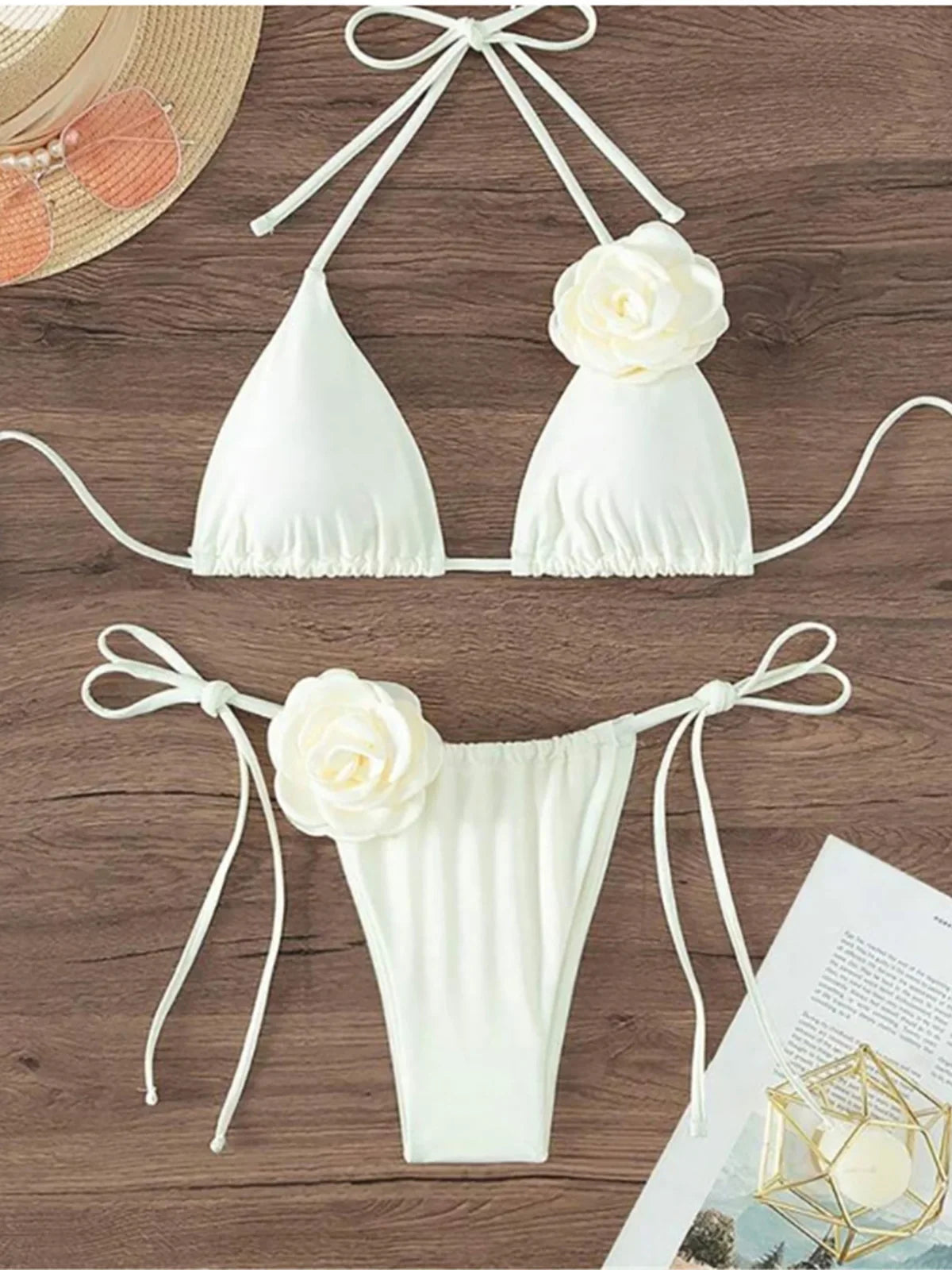 S - XL Sexy 3D Flowers Halter Strappy Bikini