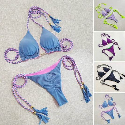 New Women's Bikini Backless Rope Triangle Swimsuit Multicolor