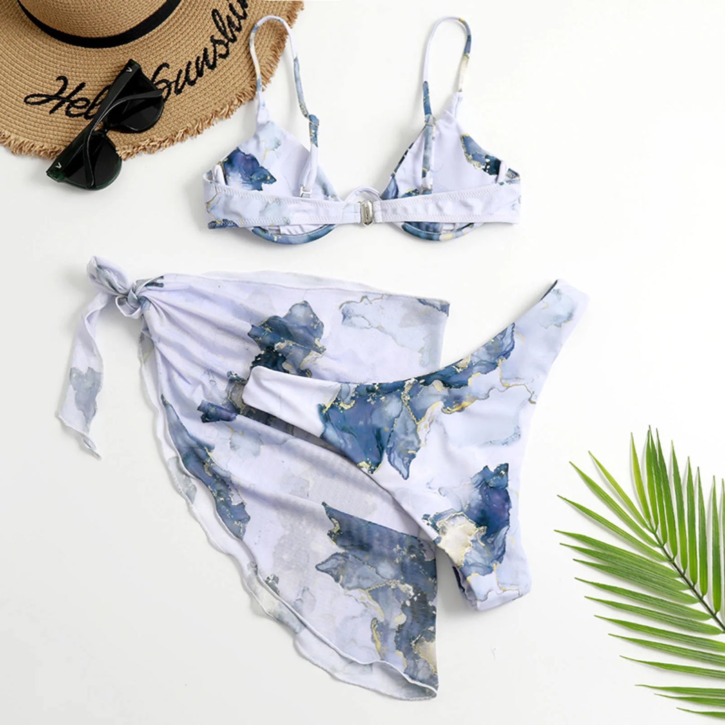 Women's Swimsuit 2024 High Waist Bikinis Sets For Women Tie Dye Printed Cross Tie Chiffon Three Piece Split Bikini Swimsuit