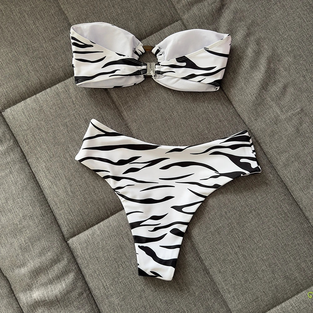 Abstract, Zebra Print High Waist Bikini Set Push Up Bathing Suit Girls