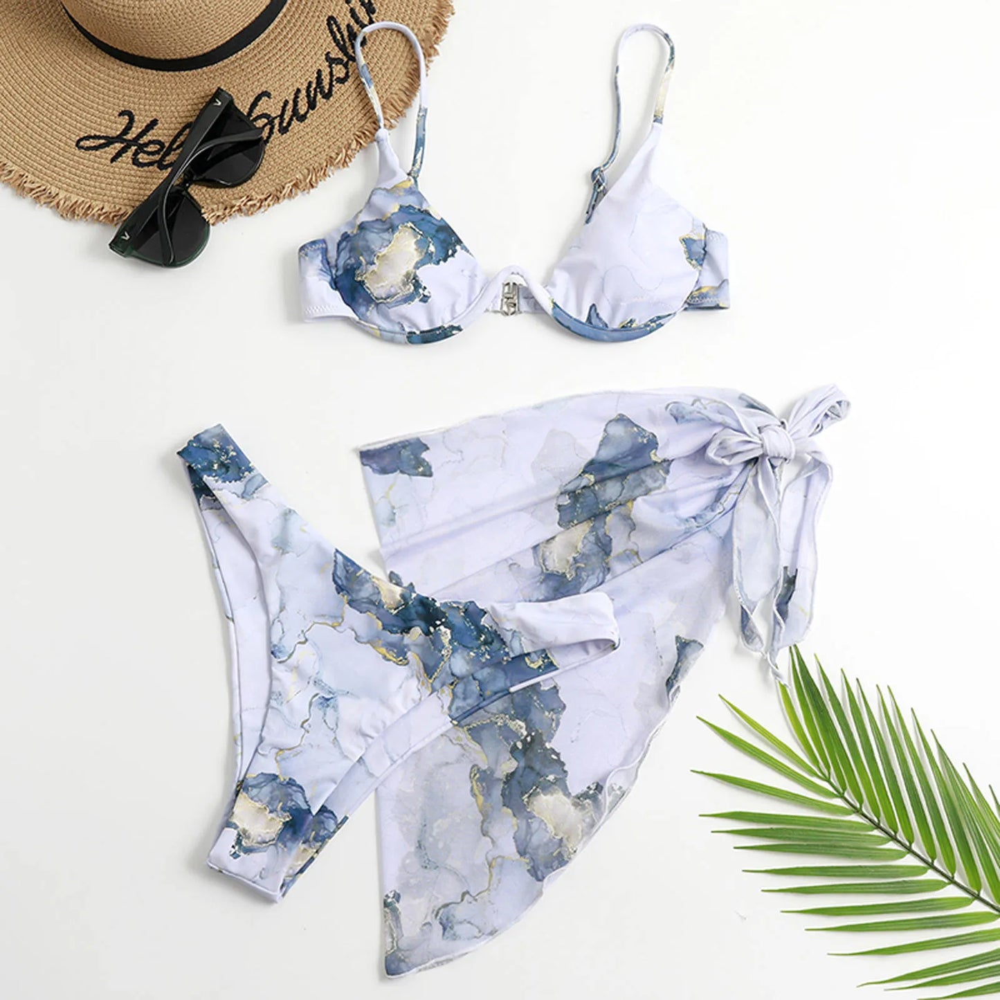 Women's Swimsuit 2024 High Waist Bikinis Sets For Women Tie Dye Printed Cross Tie Chiffon Three Piece Split Bikini Swimsuit