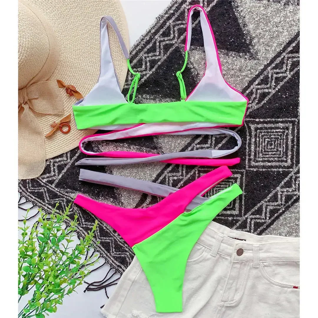 S -XL Splicing Retro Bikini Female Swimsuit Asymmetric Mid Waist